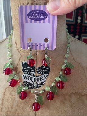 Classic Hardware Cherry Drop Necklace & Earring Set - Red and Green